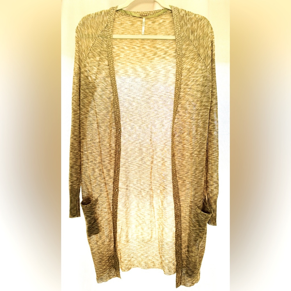 Free People Sheer Longline Space Dye Cardigan Size Medium Green Yellow Beige - Picture 4 of 7